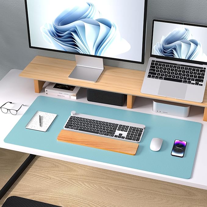Aothia Large PU Leather Desk Pad Protector – Non-Slip Mouse Pad & Writing Mat for Office/Home, Waterproof, Easy to Clean(36" x 17", Blue Topaz)