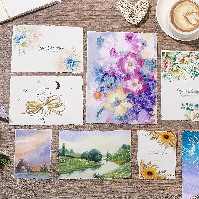 Prudiut 25 Sheets Watercolor Paper, 300 GSM Deckled Edge Paper 6 x 8 inch Rough/Textured Handmade Paper Cotton Paper White Textured Paper for Watercolors, Wedding Invitations, Cards, Crafts
