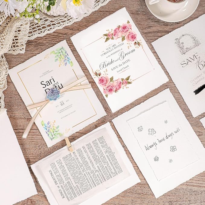 Prudiut 25 Sheets Watercolor Paper, 300 GSM Deckled Edge Paper 6 x 8 inch Rough/Textured Handmade Paper Cotton Paper White Textured Paper for Watercolors, Wedding Invitations, Cards, Crafts