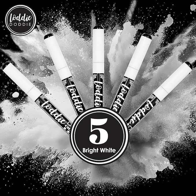 Loddie Doddie Liquid Chalk Markers for Chalkboard - 5 Pack, 1 mm Point, White - Erasable & Low-Odor Non-Toxic Ink - Chalk Pen & Window Markers for Glass