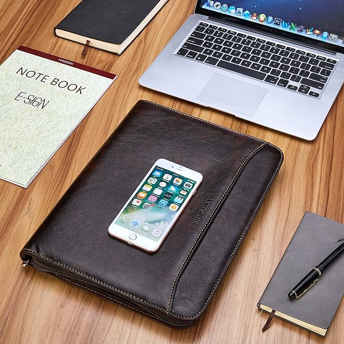 IVESIGN Zippered Padfolio Binder, Faux Leather Organizer with 3-Ring Binder, Left-Handed Design, Business Card Slots & Document Folders - Professional Padfolio for Office (Dark Brown)