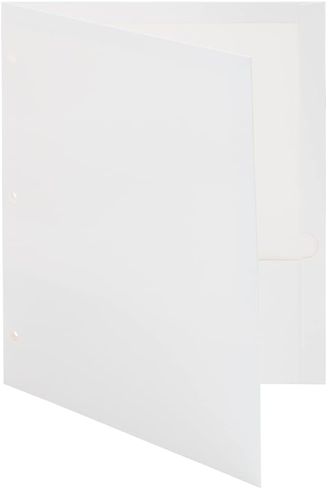 JAM PAPER Laminated Two Pocket Glossy 3 Hole Punch School Folders - Letter Size - High Gloss White - Bulk 50/Box