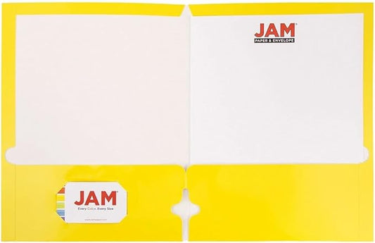 JAM PAPER Laminated Two Pocket Glossy 3 Hole Punch School Folders - Letter Size - High Gloss Yellow - 6/Pack