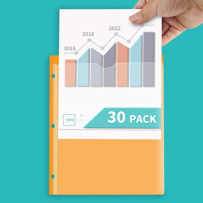 Binditek 30 Pack Heavyduty Plastic Folders with Clear Front Pockets, 2-Pocket Folders with Card Slot, 3 Hole Punched for Letter Size, for 3 Ring Binder, 6 Assorted Colors