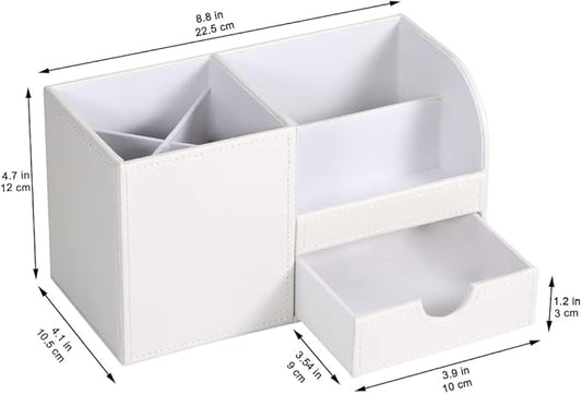 KINGFOM Desk Organizer Office Supplies Caddy Pu Leather Multi-function Storage Box Pen/Pencil,Cell phone, Business Name Cards Remote Control Holder with Small Drawer White