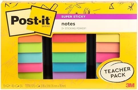 Post-it Super Sticky Notes Assorted Colors 3 x 3 inch | Teacher Pack | Super Sticky | Recyclable | 45 Sheets per Pad, 15 Pads, Pack of 6