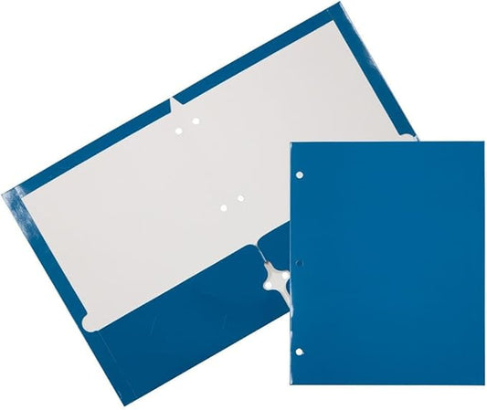 JAM PAPER Laminated Two Pocket Glossy 3 Hole Punch School Folders - Letter Size - High Gloss Blue - Bulk 50/Box