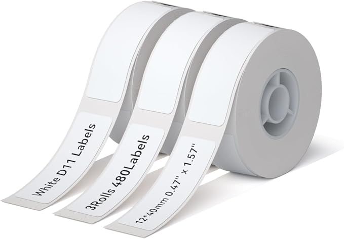 NIIMBOT D11 Label Maker Tape Adhesive White Label Paper 0.47" X 1.57" (12 X 40mm) 155 Labels/Roll, Compatible for NIIMBOT D11 D110 Printer, Thermal Paper Black on White, 3-Roll