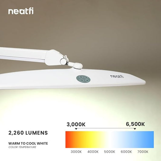 Neatfi Elite HD XL Task Lamp, 3 Adjustable Light Modes, 22 Inches Wide, 2260 Lumens, 84PCS SMD LED, Super Bright Desk Light, Non-Polar Dimming (CCT with Clamp, White)
