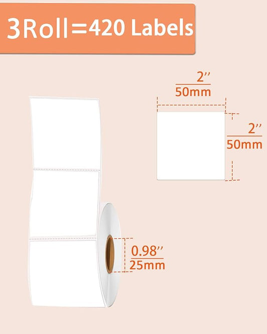 2 inch Square Thermal Labels for T50M/M110/M120/M220/M221 Label Maker, Thermal Printer Labels for Barcode, Shipping, Customized, Direct Thermal Stickers 420 PCS/3 Rolls, White