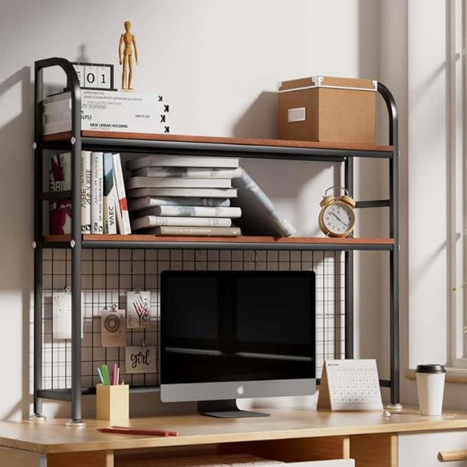 2-Tier Desktop Hutch Bookshelf - Metal Desk Shelf Bookcase with Grid Panel, Countertop Storage Organizer Rack for Dorm or Office, Black, 45.3" W