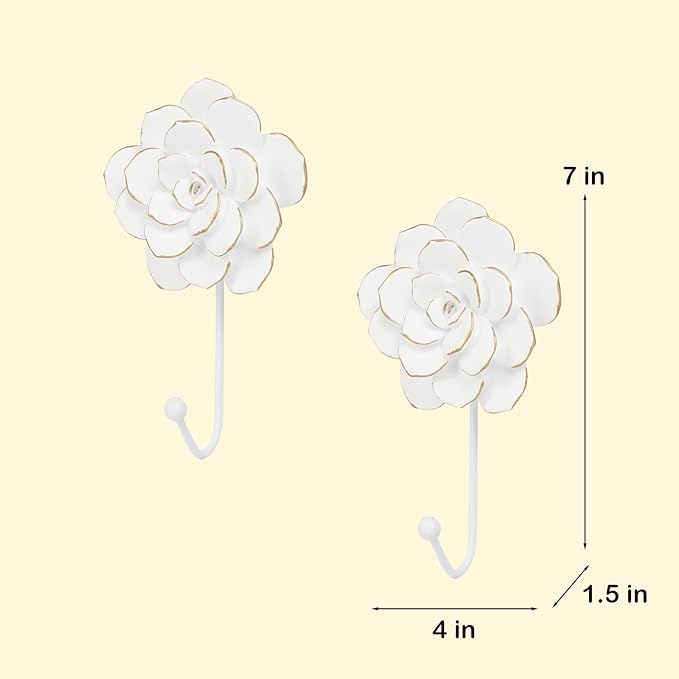 Guichifun Flower Coat Hooks Wall Decor - 2pcs Resin White Decorative Wall Hooks for Hanging Clothes Coats Towels Keys Bags Hats Bathroom Home Decoration Gift 4 x 1.5 x 7 Inch