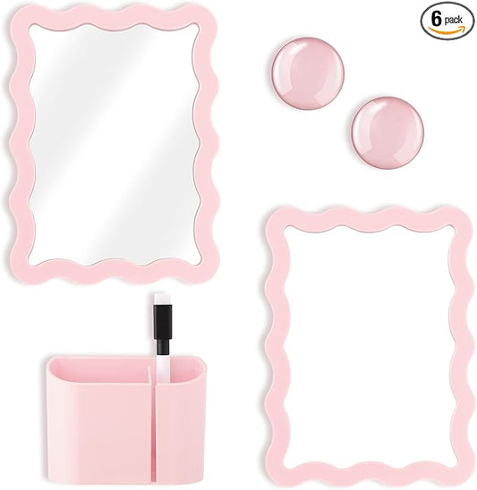 Scalloped Magnetic Locker Accessories Kit Back to School Essentials 6 Pieces Includes Whiteboard Mirror and Organizing Supplies Cute Locker Organizer Decoration for School (Pink)