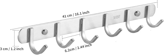 Coat Hook Wall Mount - NHENY Towel Rack with 6 Hooks Hanger for Hanging Clothes, Bags, Keys, and Towels Bathroom, Entryway, Door, 304 Stainless Steel Brushed Nickel