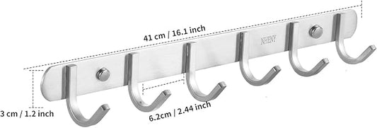 Coat Hook Wall Mount - NHENY Towel Rack with 6 Hooks Hanger for Hanging Clothes, Bags, Keys, and Towels Bathroom, Entryway, Door, 304 Stainless Steel Brushed Nickel