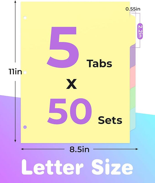 Dynta Binder Dividers with 5 Tabs Bulk 250 Packs (50 Sets) Colorful 8.5x11 Inches for 3 Ring Binder, Letter Size, 5 Colors Durable Paper 3 Hole Punch Index Divider for Students, Kids, Women