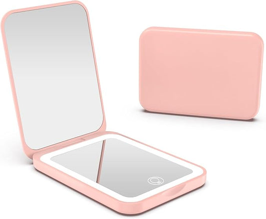 Kintion 2025 Pocket Mirror, Rechargeable Dimmable 3 Color Lighting 1X/3X LED Compact Travel Makeup Mirror for Purse, Portable, Folding, Handheld, Small Lighted Mirror for Women Gift, Pink