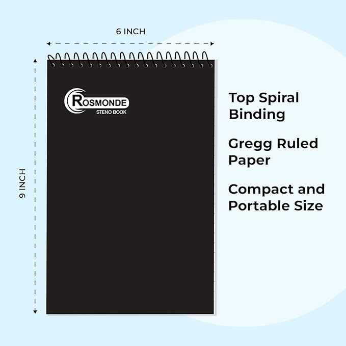 24 Pack Spiral Steno Pads, 6 x 9, Gregg Rule, Black Steno Pad, Top Spiral Notebook, Long Lasting - 80 Sheets (160 Pages), Bulk Steno Notebook for Business, Top Spiral Steno Book for Office