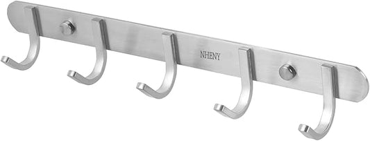Coat Hook Rack Hanger –Towel Hook Rail with 5 Hooks 13-Inch Wall Mounted for Bedroom, Bathroom, Hallway, Garage, Garden, Office, 304 Stainless Steel Brushed Nickel, Easy Installation (Silver)