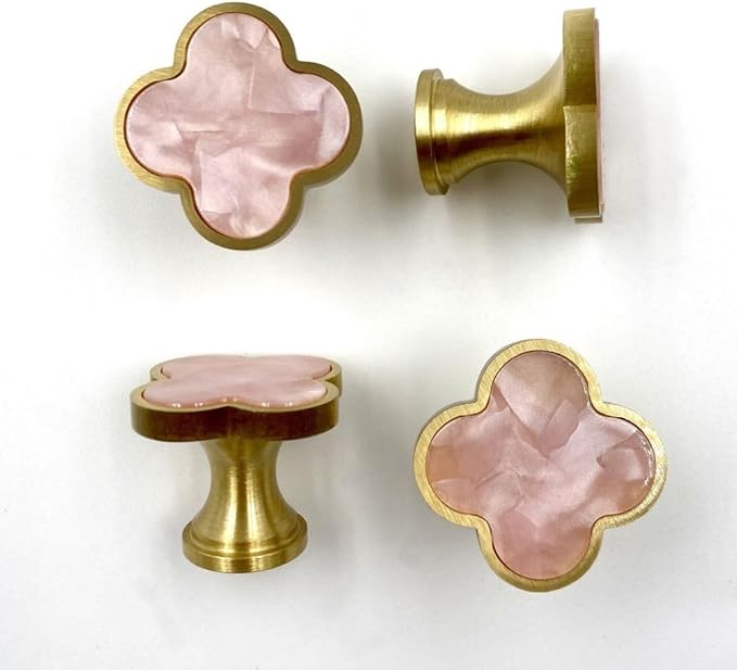 Solid Brass Decorative Wall Hooks, Coat Backpack Purse Screw-in Hangers, Wall Mounted Fancy Champagne Gold Hooks (Blossom Pink 4 Pack)