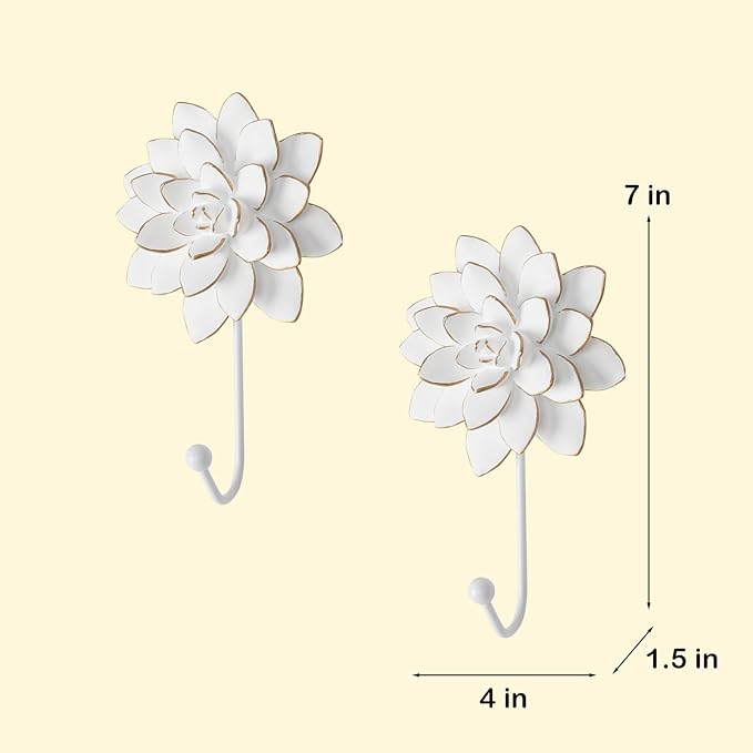 Guichifun Flower Shaped Decorative Wall Hooks - 2pcs Resin White Vintage Decor Hanger for Keys, Bags, Towels Bathroom Living Room Kitchen Home Decoration Gift 4 x 1.5 x 7 Inch