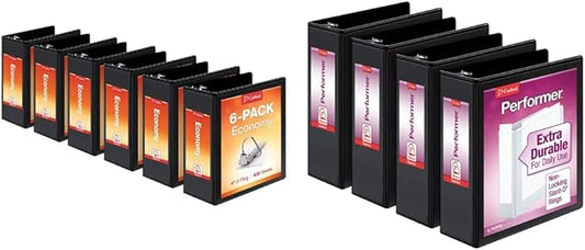 Cardinal Economy 3-Ring Binders, 4", Slant-D Rings, Holds 835 Sheets, Black, Case of 6 & Performer 3-Ring Binders, 3", Non-Locking Slant-D Rings, 725-Sheet Capacity, Black, 4-Pack