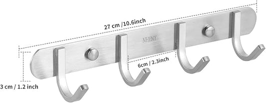 Coat hook Wall Mount - NHENY Towel hook Rack with 4 Hooks 11-inch hanger for Hanging Clothes, Bags, Keys, Easy to Install Rail for Bedroom, Bathroom, Entryway, Door, 304 Stainless Steel Brushed Nickel