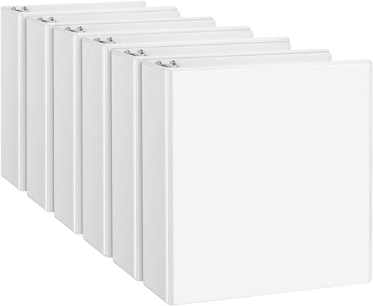 2 Inch D Ring Binders, 3 Ring Binder Fit US Letter Size Paper, 2" Slant D Ring View Binder with 2 Pocekts, 6-Pack, White