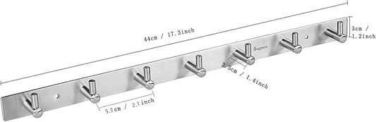Towel Hook Rack Brushed Nickel 17-Inch Coat Hook Rail Wall Mounted with 7 Heavy Duty Hooks, Durable Wall Hangers for Bedroom, Bathroom, Foyer, Hallway (304 Stainless Steel)
