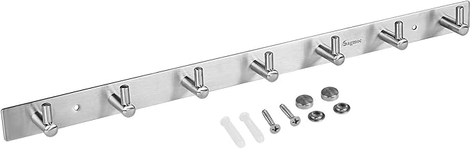 Towel Hook Rack Brushed Nickel 17-Inch Coat Hook Rail Wall Mounted with 7 Heavy Duty Hooks, Durable Wall Hangers for Bedroom, Bathroom, Foyer, Hallway (304 Stainless Steel)