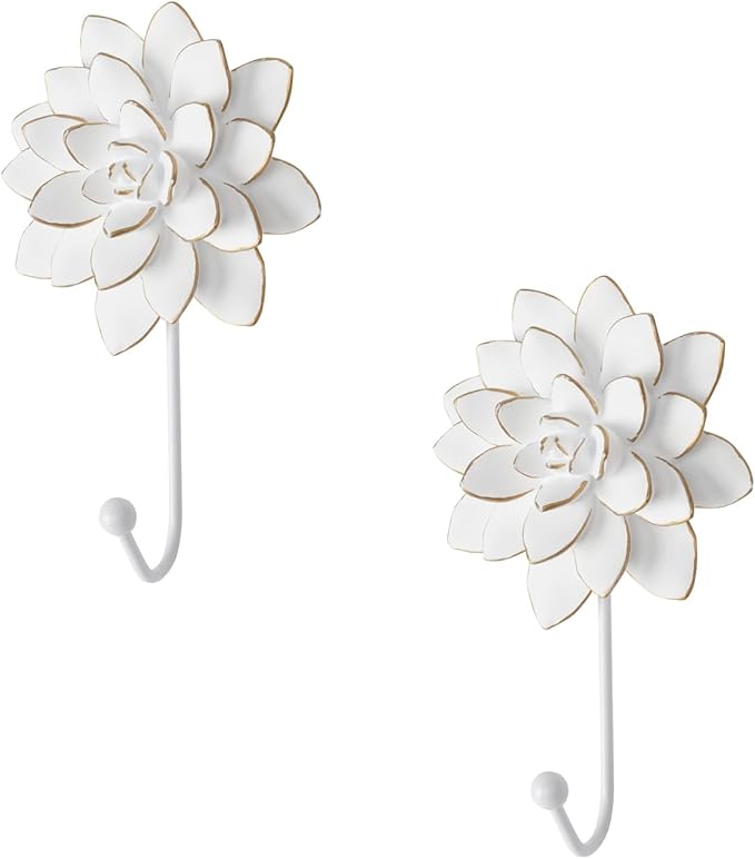 Guichifun Flower Shaped Decorative Wall Hooks - 2pcs Resin White Vintage Decor Hanger for Keys, Bags, Towels Bathroom Living Room Kitchen Home Decoration Gift 4 x 1.5 x 7 Inch