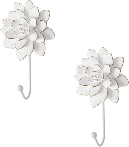 Guichifun Flower Shaped Decorative Wall Hooks - 2pcs Resin White Vintage Decor Hanger for Keys, Bags, Towels Bathroom Living Room Kitchen Home Decoration Gift 4 x 1.5 x 7 Inch