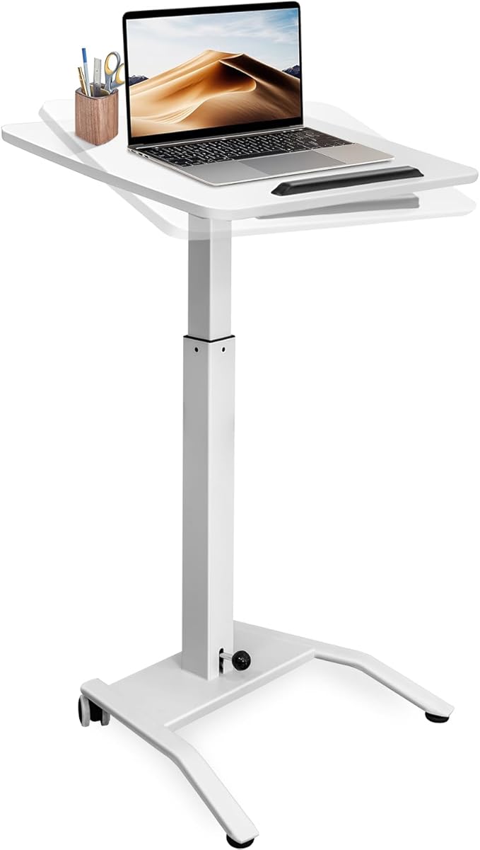 Mobile Standing Desk with 45° Tilting Desktop, Portable Rolling Standing, Height Adjustable Sit Stand Foldable with Wheels, Mobile Desk Workstation for Home Office (White, Small)