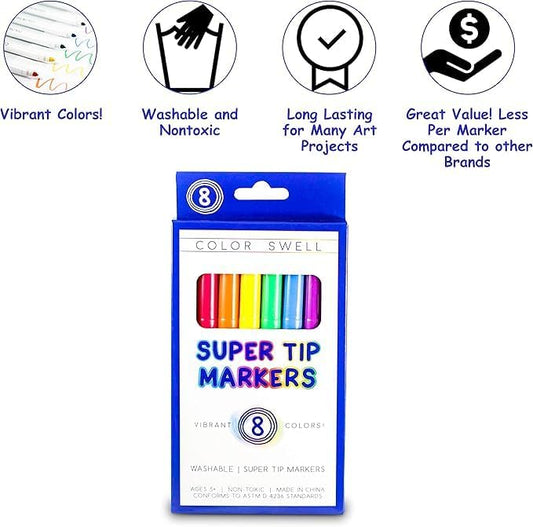 Color Swell 8-Pack Super Tip Markers – Washable, Non-Toxic, Ideal for Kids, Students, Adults, and Classroom Activities