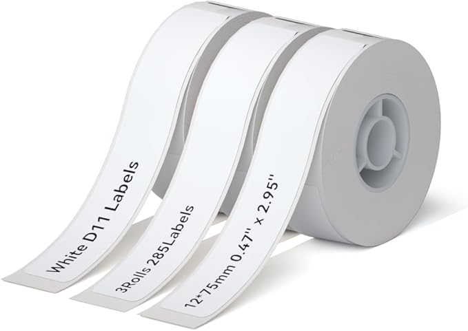 NIIMBOT D11 Label Maker Tape Adhesive White Paper 0.47" X 2.95" (12 X 75mm) 95 Labels/Roll, Compatible for NIIMBOT D11 D110 Label Printer, Thermal Paper Black on White, 3-Roll