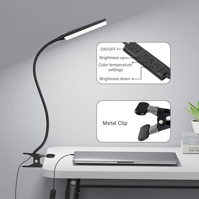 LED Desk Lamp with Clamp for Home Office, MONGERY Dimmable Clip on Desk Light with USB Port, 3 Color Modes 11 Brightness Flexible Gooseneck Reading Lamp for Studying Working, Black