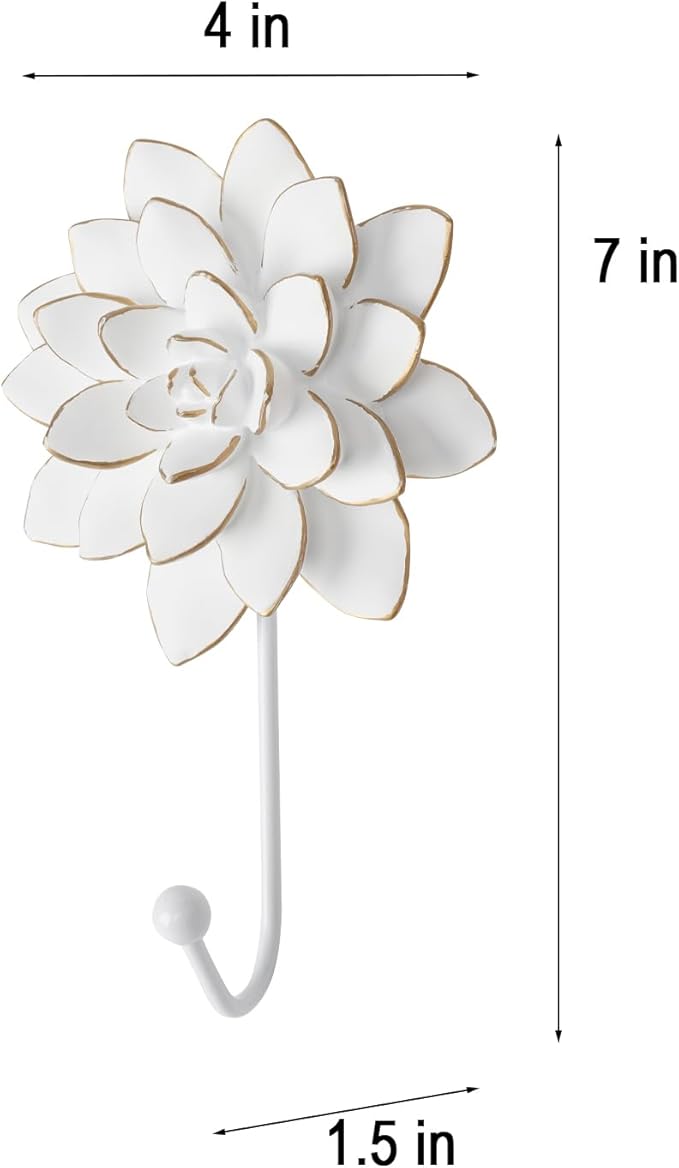 Guichifun Flower Shaped Decorative Wall Hooks - 2pcs Resin White Vintage Decor Hanger for Keys, Bags, Towels Bathroom Living Room Kitchen Home Decoration Gift 4 x 1.5 x 7 Inch