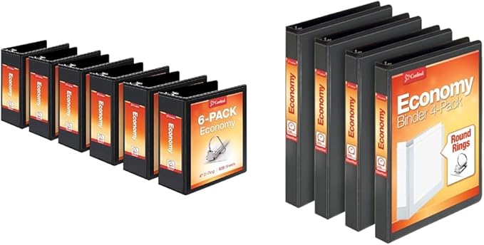 Cardinal Economy 3-Ring Binders, 4", Slant-D Rings, Holds 835 Sheets & Economy 3 Ring Binder, 1 Inch, Presentation View, Black, Holds 225 Sheets