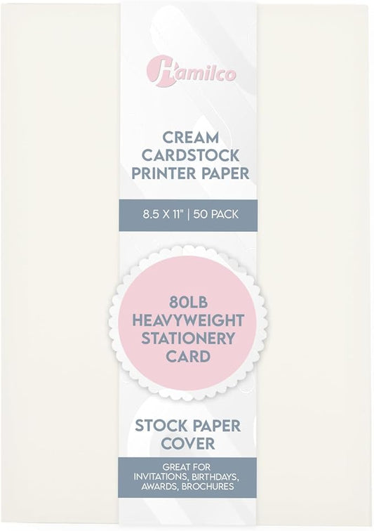 Cream Colored Cardstock Printer Paper By Hamilco (50-Pack)- 8.5 x 11” Thick Card Stock For Card Making- 80lb Heavyweight Stationery Card Stock Paper Cover- Great For Invitations, Birthdays, Brochures