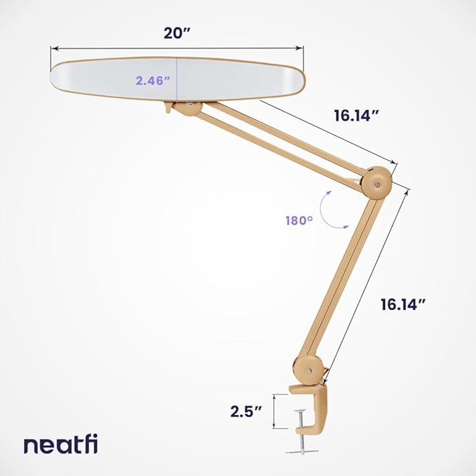 Neatfi XL 2,200 Lumens LED Task Lamp, 20W, 182 Pcs SMD LED, Dimmable, 4 Level Brightness, 3 Light Modes, Desk Light for Home, Office, Workbench (CCT, Gold)