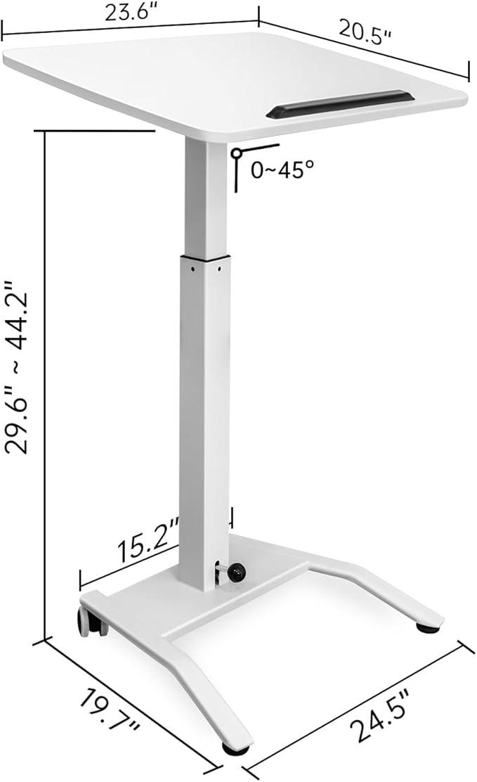 Mobile Standing Desk with 45° Tilting Desktop, Portable Rolling Standing, Height Adjustable Sit Stand Foldable with Wheels, Mobile Desk Workstation for Home Office (White, Small)