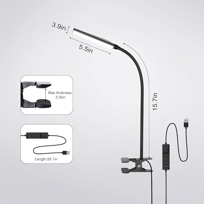 LED Desk Lamp with Clamp for Home Office, MONGERY Dimmable Clip on Desk Light with USB Port, 3 Color Modes 11 Brightness Flexible Gooseneck Reading Lamp for Studying Working, Black
