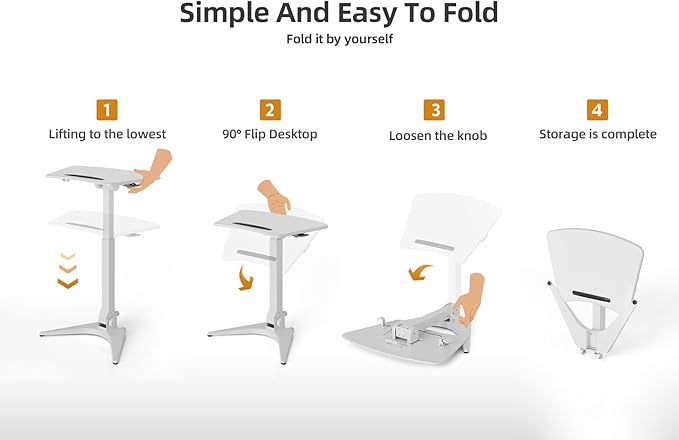 Claiks Mobile Standing Desk, Portable Rolling Workstation With Wheels, Pneumatic Height Adjustable Sit-Stand With 90 Tiltable, Foldable Non-Slip Computer Stand, White
