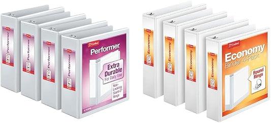 Cardinal Performer 3-Ring Binders, 3", Non-Locking Slant-D Rings, White, 4-Pack & Economy 3 Ring Binder, 2 Inch, Presentation View, White, Holds 475 Sheets, Nonstick, PVC Free, 4 Pack of Binders