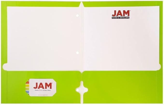 JAM PAPER Laminated Two Pocket Glossy 3 Hole Punch School Folders - Letter Size - High Gloss Lime Green - Bulk 25/Pack