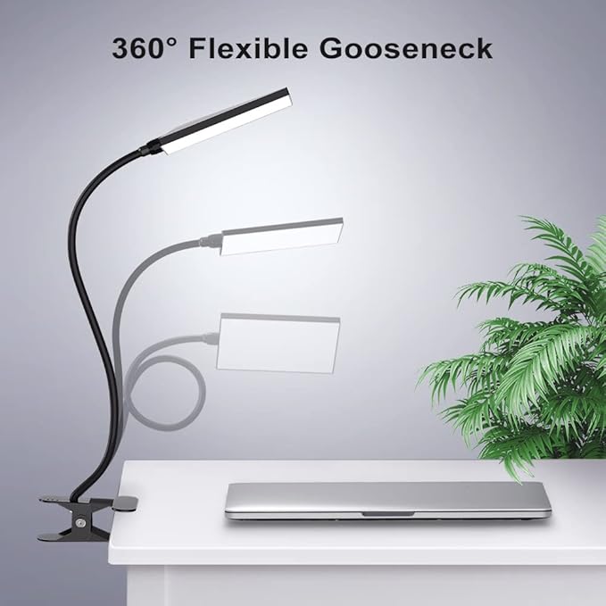 LED Desk Lamp with Clamp for Home Office, MONGERY Dimmable Clip on Desk Light with USB Port, 3 Color Modes 11 Brightness Flexible Gooseneck Reading Lamp for Studying Working, Black