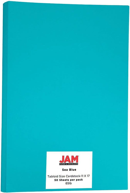 JAM PAPER Ledger 65lb Cardstock - 11 x 17 - Tabloid Coverstock - 176 gsm - Sea Blue Recycled - 50 Sheets/Pack