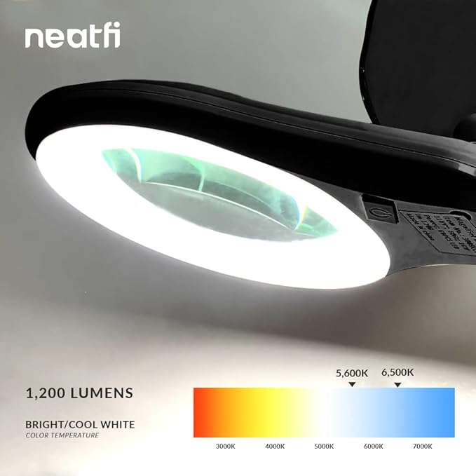 Neatfi 1,200 Lumens Super LED Magnifying Lamp with Clamp, Dimmable, Includes Microfiber Cleaning Cloth, 5 Inch Diameter Lens for Reading, Sewing, Crafting (Black, 8 Diopter)