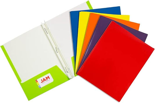 JAM Paper Laminated Two Pocket Glossy Folders with Metal Prongs Fastener Clasps - Assorted Primary Colors - 6/Pack
