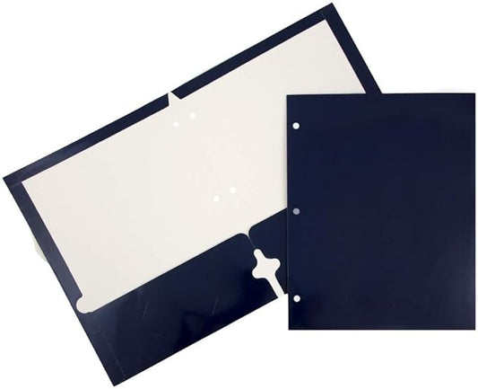 JAM PAPER Laminated Two Pocket Glossy 3 Hole Punch School Folders - Letter Size - High Gloss Navy Blue - Bulk 100/Box